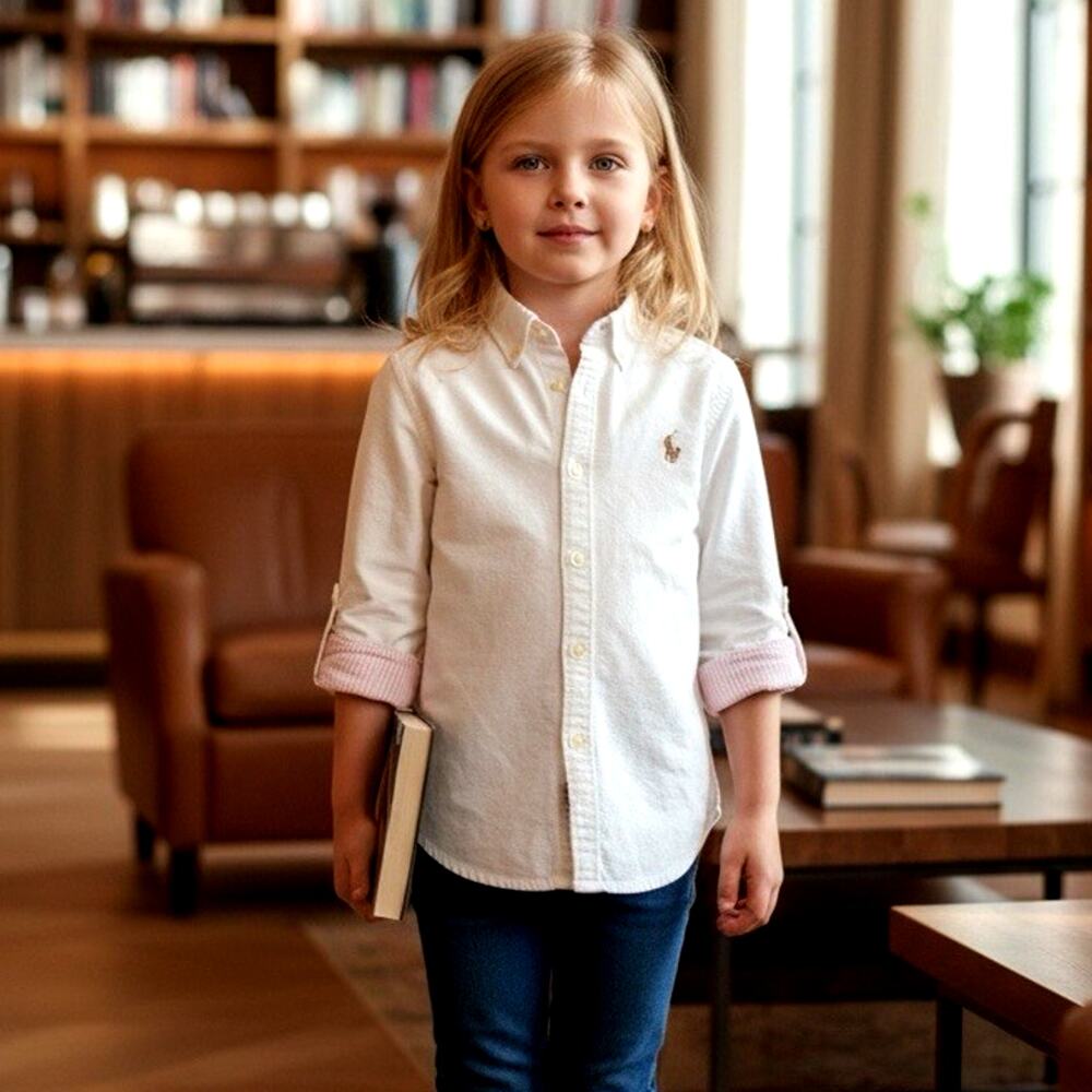 Polo Ralph Lauren Kids White Oxford Button Down Shirt Pink Stripe Flesh Pony 8 S